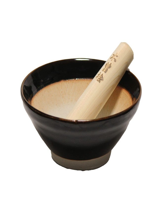 Mino Ware Made in Japan Ripple Ridge Mortar and Pestle Suribachi and Surikogi Set Small 5.91 Inches for Both Right and Left Handed Black Authentic Mino Ware Pottery K81714 - Image 1